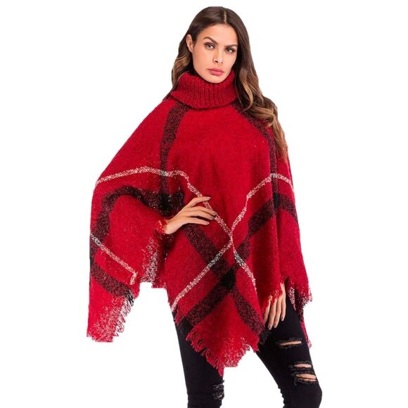 Red Flannel Turtleneck Shawl Poncho - Picture 1 of 7